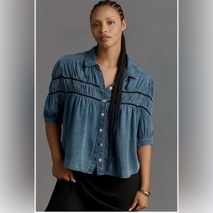 Maeve for Anthropologie The Leandra Shirred Yoke Blouse Denim Edition Size M